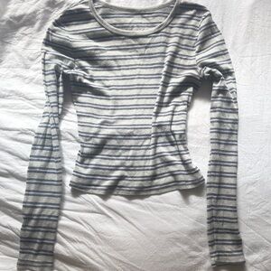Pink Republic Cotton Long Sleeve Tee with Gray and Blue Stripes
